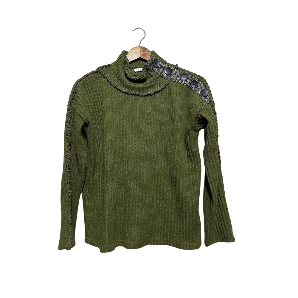 THML Mock Neck Sweater Women XS Olive Green Excellent Ribbed Fringe Button